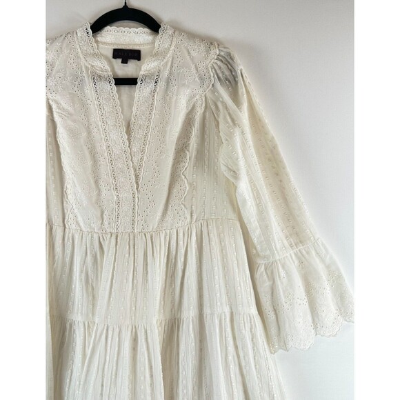 Hale Bob Womens Dress White Mila Mini Fit Flare Eyelet V Neck Tiered Boho Small - Picture 9 of 12
